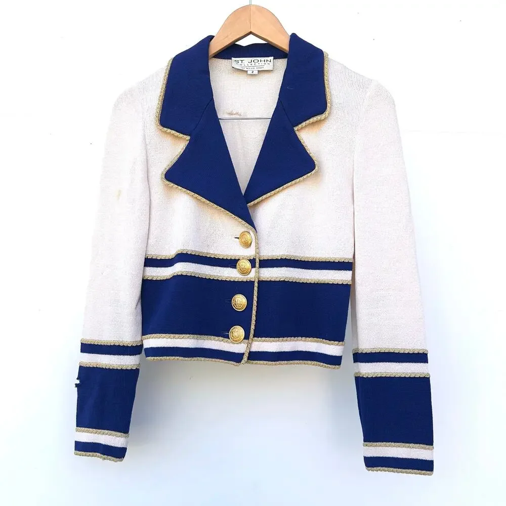 St. John Vintage Santana Knit Military Nautical Cropped Jacket Blazer 2 Blue - Picture 2 of 9